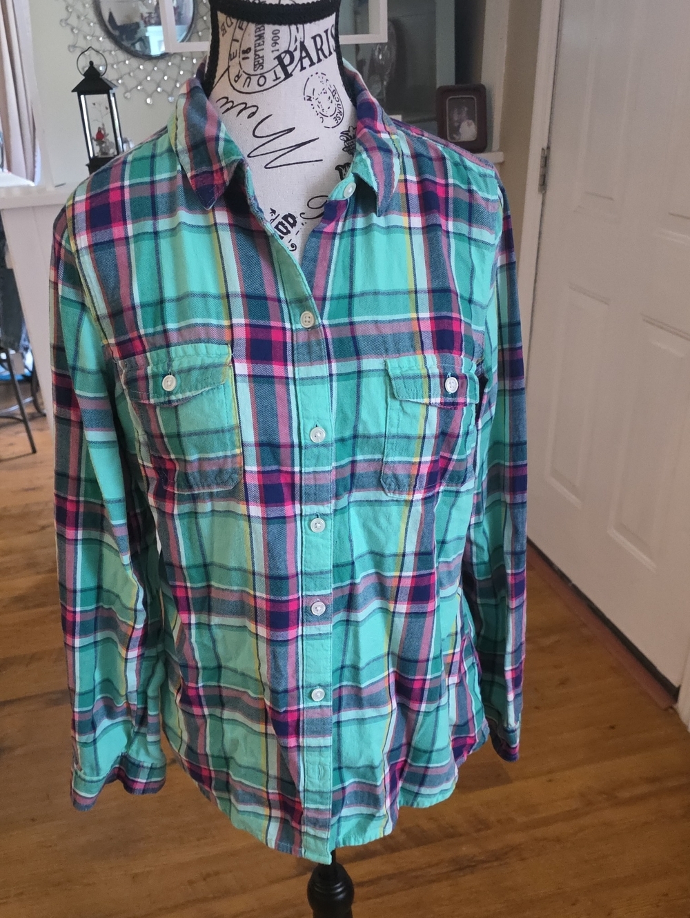 Old Navy Mint Green Plaid Shirt with Pink & Navy Stripes